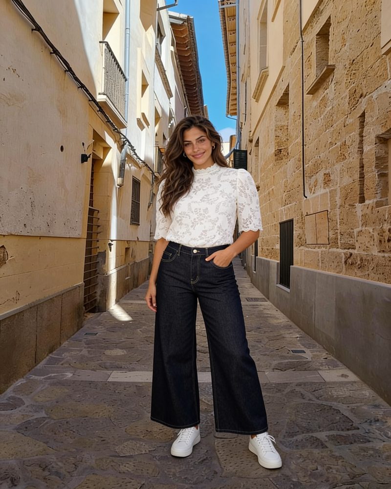 Look 1: blusa de encaje y vaquero wide leg en el casco antiguo