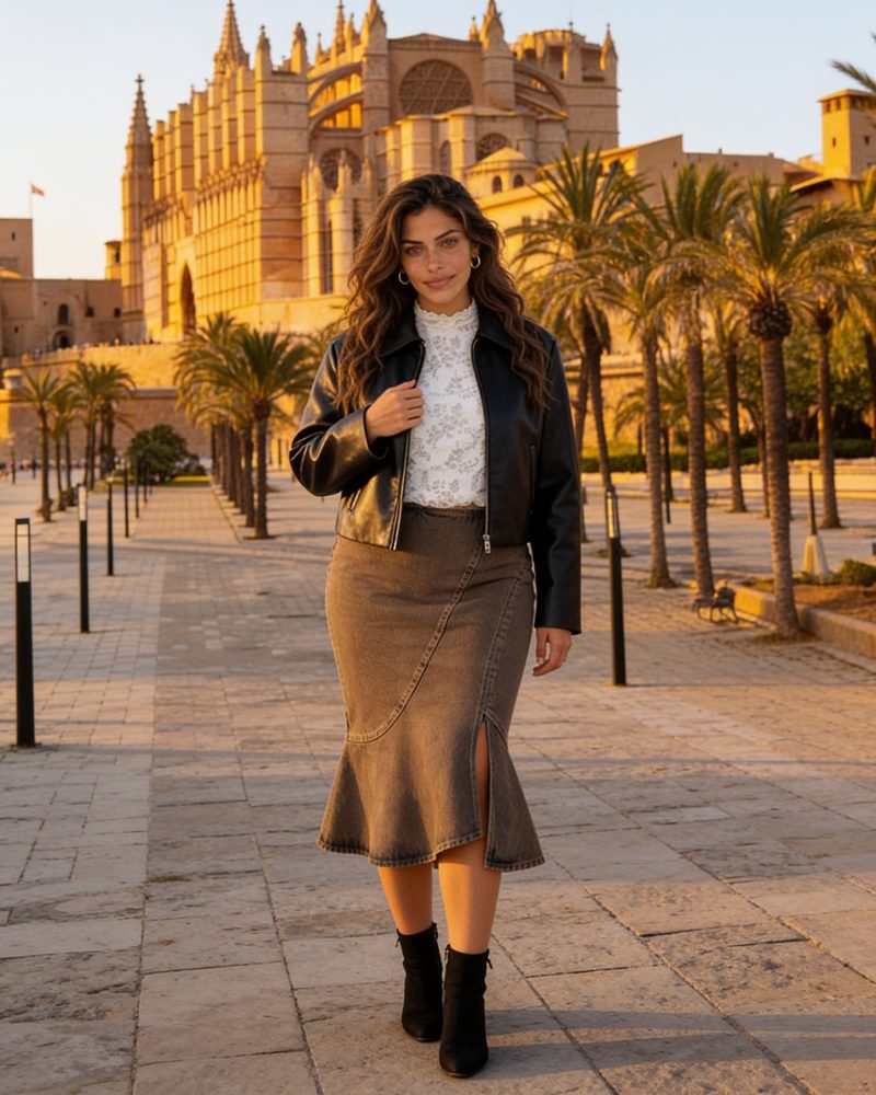 Look 3: cazadora, blusa de encaje y falda midi frente a la Catedral